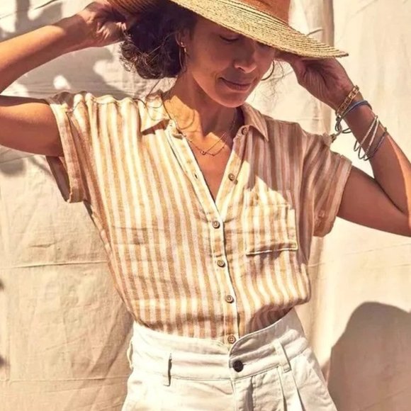 Faherty Tops - Faherty Avery Top S Yellow Striped Linen Short Sleeve Button Down Camp Shirt